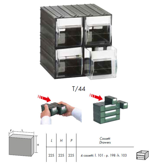 Cassettiera componibile a 4 cassetti trasparenti modello COMT44